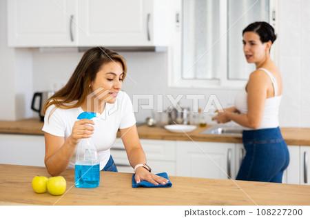 Woman cleaning countertop in kitchen while friend washes dishes 108227200