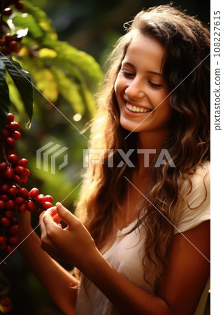 happy young brazilian village woman picking coffee against coffee background AI generated happy young brazilian village woman picking coffee against coffee background AI generated 108227615