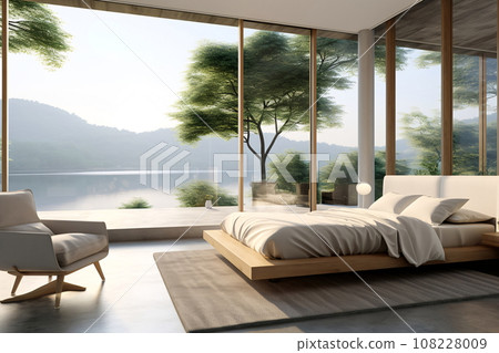 Minimalist bedroom with a cozy bed and a lake view AI Generated 108228009