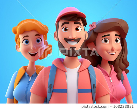 Happy 3D Characters with Backpacks on Blue Background, AI Generated 108228851