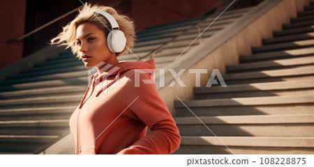 Woman leaning against outdoor steps wearing headphones, AI Generated Woman leaning against outdoor steps wearing headphones, AI Generated 108228875
