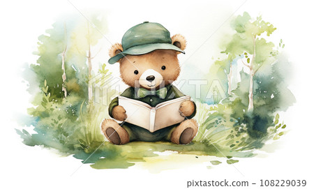little bear reading a book with watercolor painting green leaves in forest on white background. generative AI 108229039