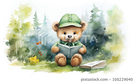 little bear reading a book with watercolor painting green leaves in forest on white background. generative AI 108229040