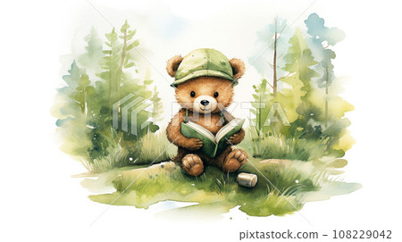 little bear reading a book with watercolor painting green leaves in forest on white background. generative AI 108229042