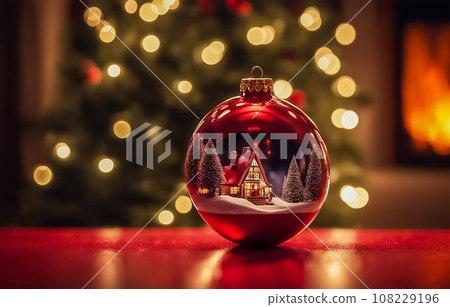 Snowy scenery reflected in the ornaments with a red-burning fireplace in the background 108229196
