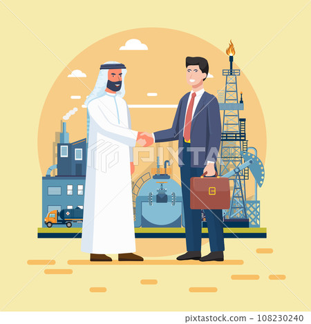 Arab businessmen handshake with a foreign businessman on oil and gas refinery background. Vector illustration eps10 Arab businessmen handshake with a foreign businessman on oil and gas refinery background. Vector illustration eps10 108230240