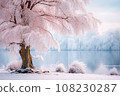 Beautiful winter landscape with snow covered trees on the shore of lake. Selective focus 108230287