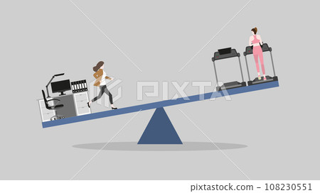 A woman runs on a seesaw between working table and cardio running on a treadmill at a fitness center. A woman runs on a seesaw between working table and cardio running on a treadmill at a fitness center. 108230551