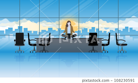A calm businesswoman sits and meditates on a table with messy chairs 108230591