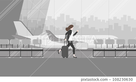Business trip, a businesswoman runs to a flight at an international airport terminal 108230630