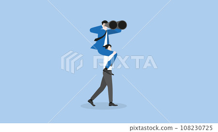 A visionary boss uses binoculars and rides piggyback on an employee team staff 108230725