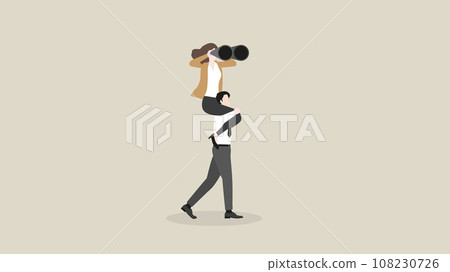 A visionary boss uses binoculars and rides piggyback on an employee team staff A visionary boss uses binoculars and rides piggyback on an employee team staff 108230726