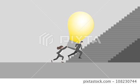 A businessman and businesswoman push the big light bulb, Step up a stair A businessman and businesswoman push the big light bulb, Step up a stair 108230744