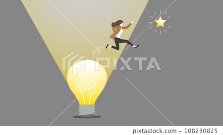 A businesswoman gets out of her comfort zone, light, and a lightbulb to grab a star A businesswoman gets out of her comfort zone, light, and a lightbulb to grab a star 108230825