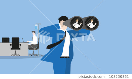 HR businessman uses binoculars to find a candidate replace a sick employee, saline drip. 108230861