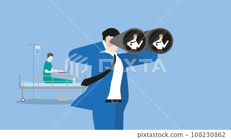 HR businessman uses binoculars to find a candidate replace a sick employee, saline drip on bed. HR businessman uses binoculars to find a candidate replace a sick employee, saline drip on bed. 108230862