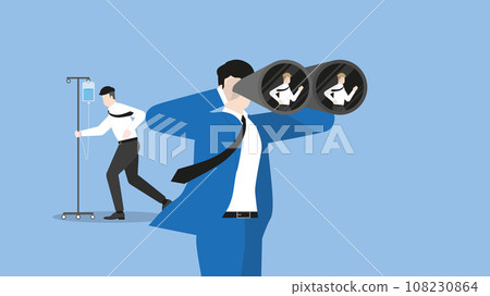 HR businessman uses binoculars to find a candidate replace a sick employee, saline drip. 108230864