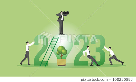 Vision businessman and team on the year 2023 and tree light bulb. 108230893