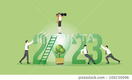 Vision businesswoman and team on the year 2023 and tree light bulb. 108230896