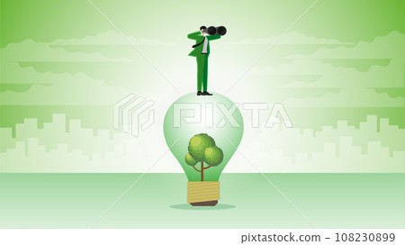 A visionary businessman uses binoculars on a tree lightbulb in the city. 108230899
