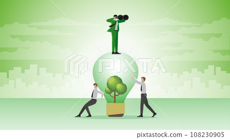 A visionary businessman uses binoculars on a tree lightbulb with team support. A visionary businessman uses binoculars on a tree lightbulb with team support. 108230905