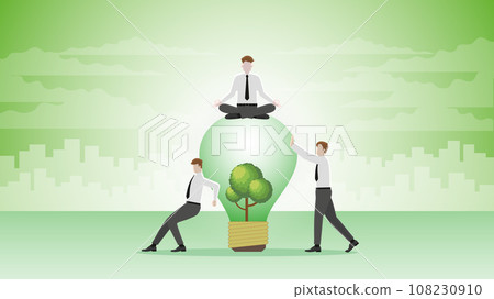 A calm businessman sits and meditates on a tree lightbulb with team support. A calm businessman sits and meditates on a tree lightbulb with team support. 108230910
