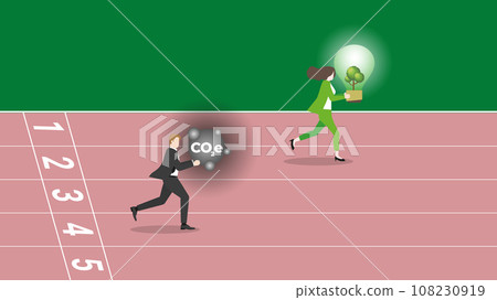 An advantage businesswoman holds a tree light bulb and a follower holds CO2e gas, run on racetrack. 108230919