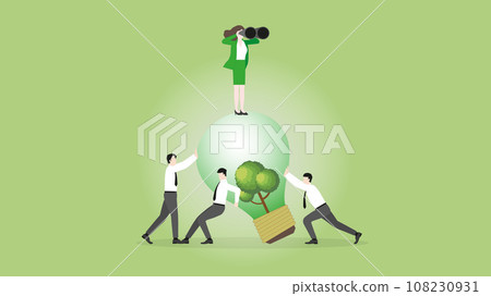 Visionary businesswoman uses binoculars on a tree lightbulb with team support. Visionary businesswoman uses binoculars on a tree lightbulb with team support. 108230931