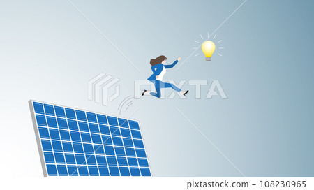 Businesswoman jumps from solar cells. to grab a light bulb. 108230965