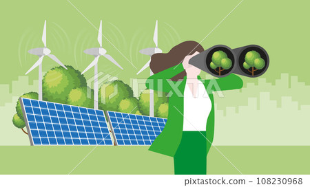 Businesswoman uses binoculars to find a tree. 108230968