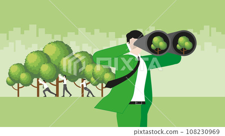A businessman uses binoculars to find a tree with teamwork support. 108230969