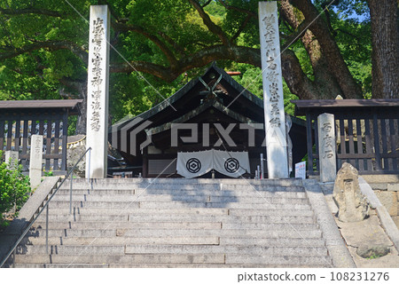 A large camphor tree in front of the hall of worship of Onomichi Atsushi Shrine and the stone steps leading to the approach 108231276