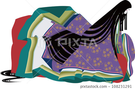 穿著平安時代風格的和服、面無表情的女性的圖像插圖。 108231291