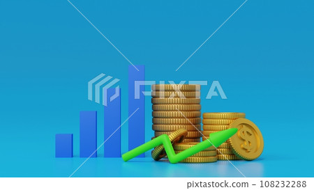Business graph or bar chart diagram with stack of gold coin. Growth business financial. 3D render Business graph or bar chart diagram with stack of gold coin. Growth business financial. 3D render 108232288