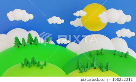 Cartoon Spring summer rural landscape, meadow and mountain with blue sky and cloud banner, 3D render 108232311