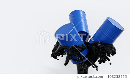 Crude oil splashing with barrels, oil market business, petroleum oil industry, 3D rendering. 108232353