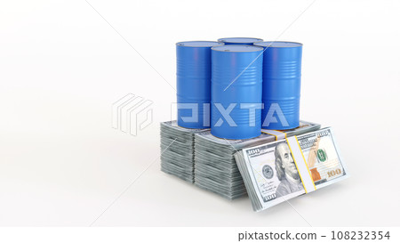 Oil barrels and dollar money banknote, oil market business, petroleum oil industry, 3D rendering. 108232354