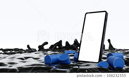 Crude oil splashing with barrels and smartphone, oil market business, petroleum oil, 3D rendering. 108232355