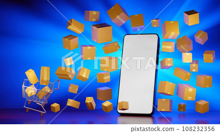 Mobile phone or smartphone with brown cardboard boxes parcel, online shopping concept, 3D rendering. 108232356