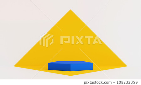Blue Pentagon podium with yellow pyramid shape perspective wall and floor, 3D rendering. 108232359