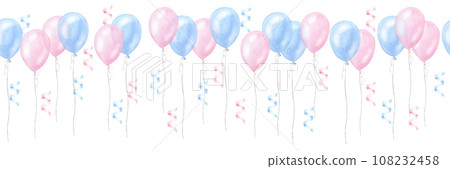 Banner blue pink balloons, boy girl birthday surprise. Gender reveal party, baby shower. Hand drawn watercolor illustration isolated on white background. For newborn products 108232458