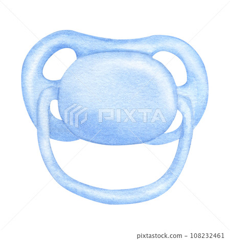 Blue pacifier, dummy for boy. Baby shower, gender reveal party. Hand drawn watercolor illustration isolated on white background. Collection to newborn infant Blue pacifier, dummy for boy. Baby shower, gender reveal party. Hand drawn watercolor illustration isolated on white background. Collection to newborn infant 108232461