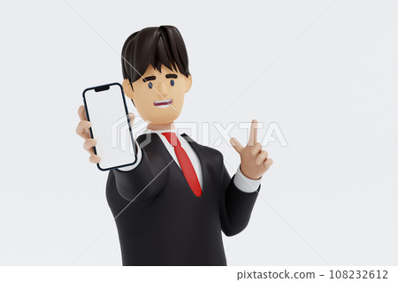 Businessman show smartphone and pointing at the empty space, isolated, app present, 3D rendering. 108232612