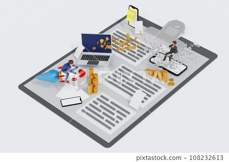 Business activities on paper clipboard, businessman manage money with graph chart, 3D rendering. 108232613