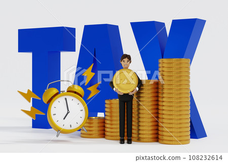 Businessman using laptop with tax word alarm clock and coin stack, tax payment concept, 3D rendering Businessman using laptop with tax word alarm clock and coin stack, tax payment concept, 3D rendering 108232614