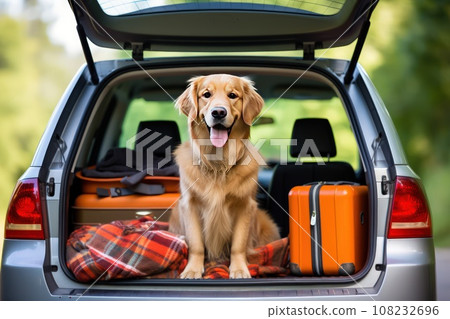 Dog sitting in car trunk waiting for owner to return with ears perked up listening for sign 108232696