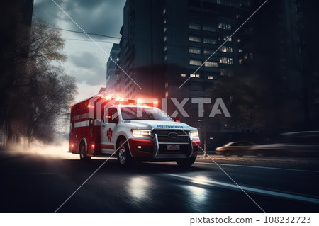 Emergency ambulance car fast driving on night city downtown district with motion blur. 108232723