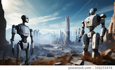 A robot standing in a ruined city 108233478