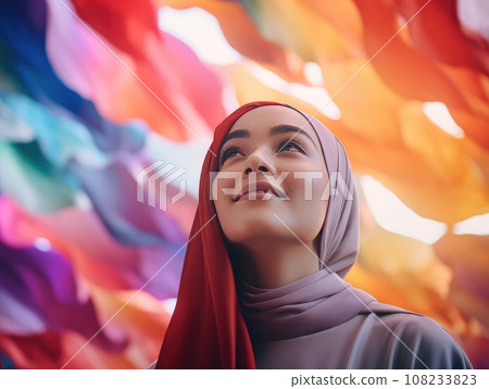 portrait hijab young woman, amazed happy arabian asian muslim woman in abaya hijab, Close-up portrait of attractive cheery modest muslimah. AI Generative. 108233823