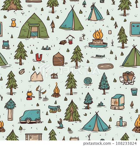Cute hand drawn seamless pattern with camping doodles, tents, landscape and trails, great for textiles, banners, wallpapers. AI Generative. 108233824